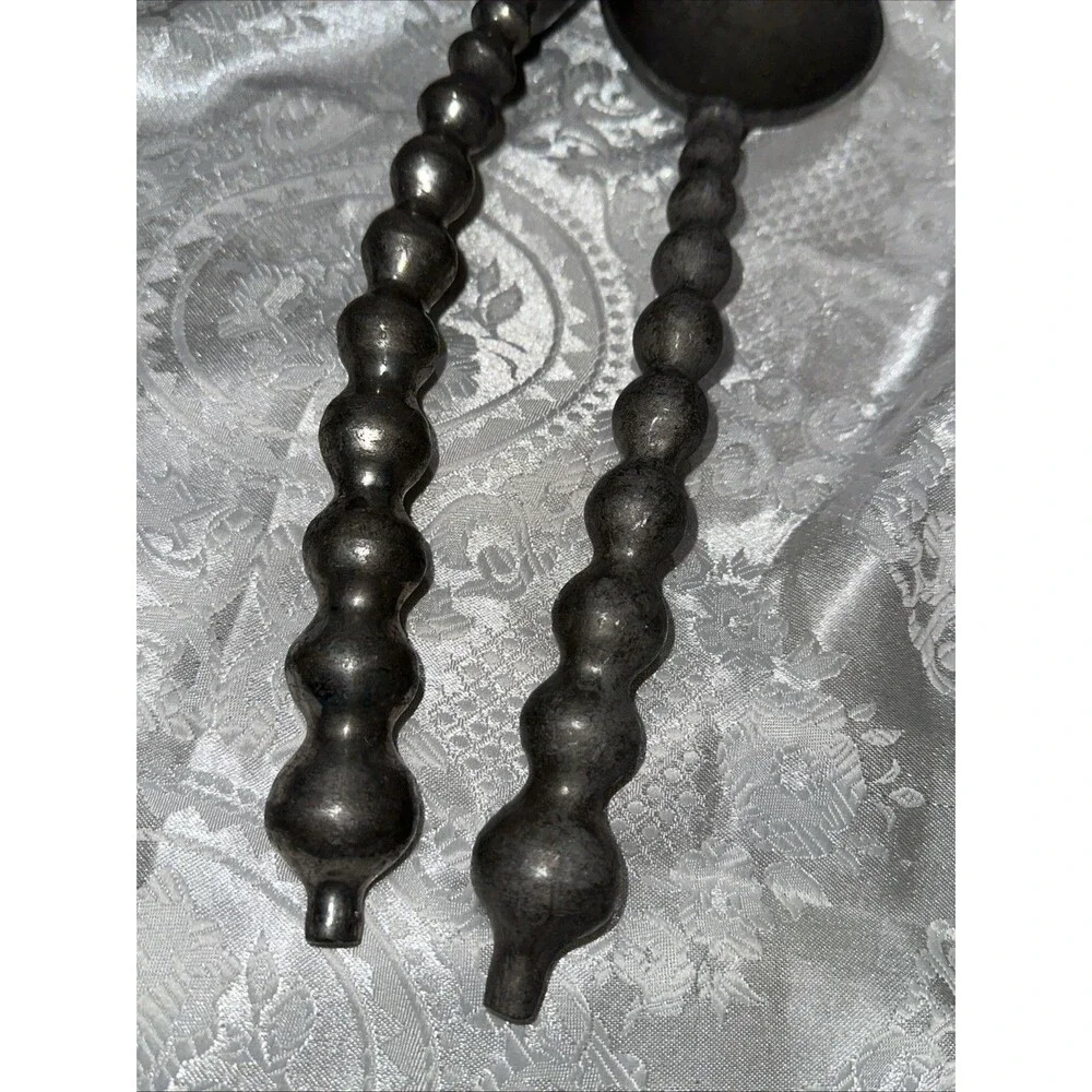 Pewter Metal Silver Tone Salad Servers Silverware Bubble Bead Curved Handles
